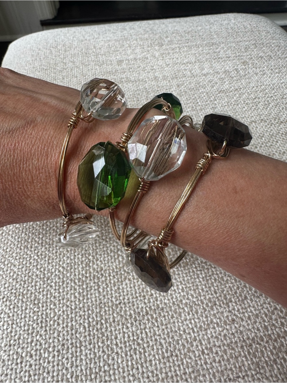 Gold Wire Bangle Bracelet Set of 4 with Green, Clear and Smoky Crystal Beads